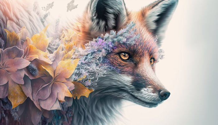 Obraz Lis otoczony kwiatami
