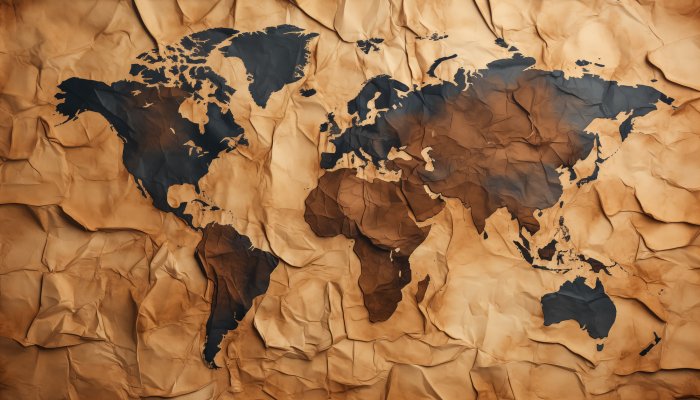 Obraz Brązowa mapa świata na pogniecionej teksturze
