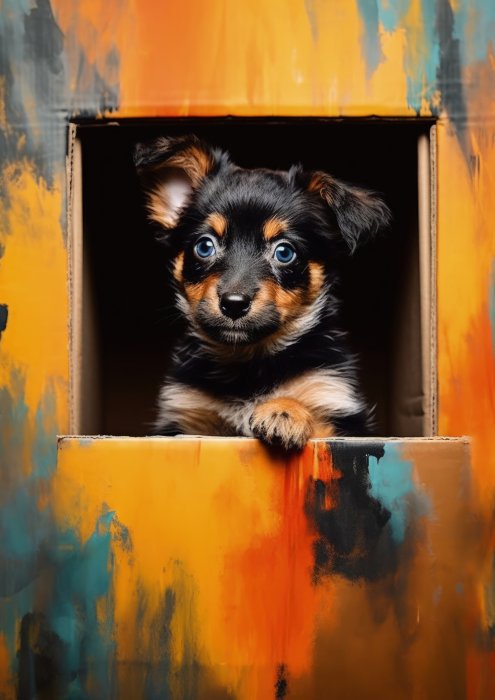 Obraz Uroczy mały piesek w kolorowej skrzynce