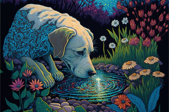 Obraz Pies pijacy wodę z magicznego strumienia